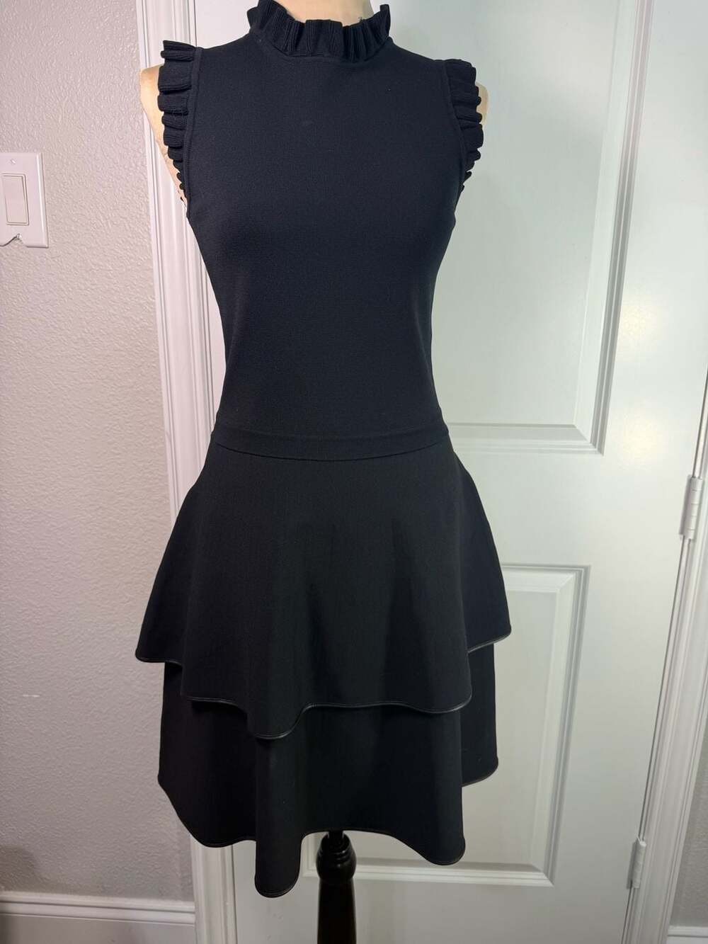 Parker Ruffle Mock Neck Dress Size S Black Sleeveless Tiered Mini